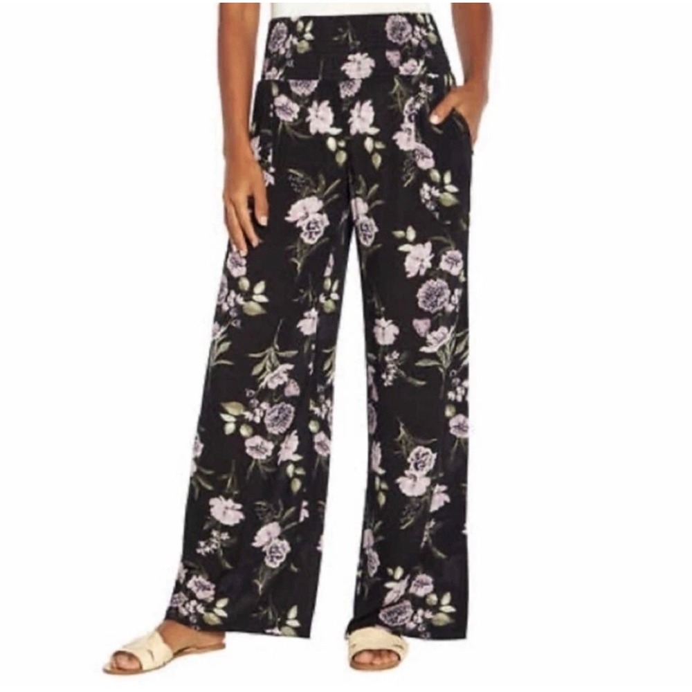 Three Dots Women XXL Floral Wide Leg Pant Navy Classic Stretch Pull On Pocket